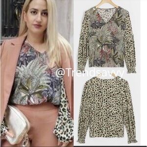 Anthropologie Bl-nk Animal Print Blouse Jungle Boho Top Grey Black XS NWT